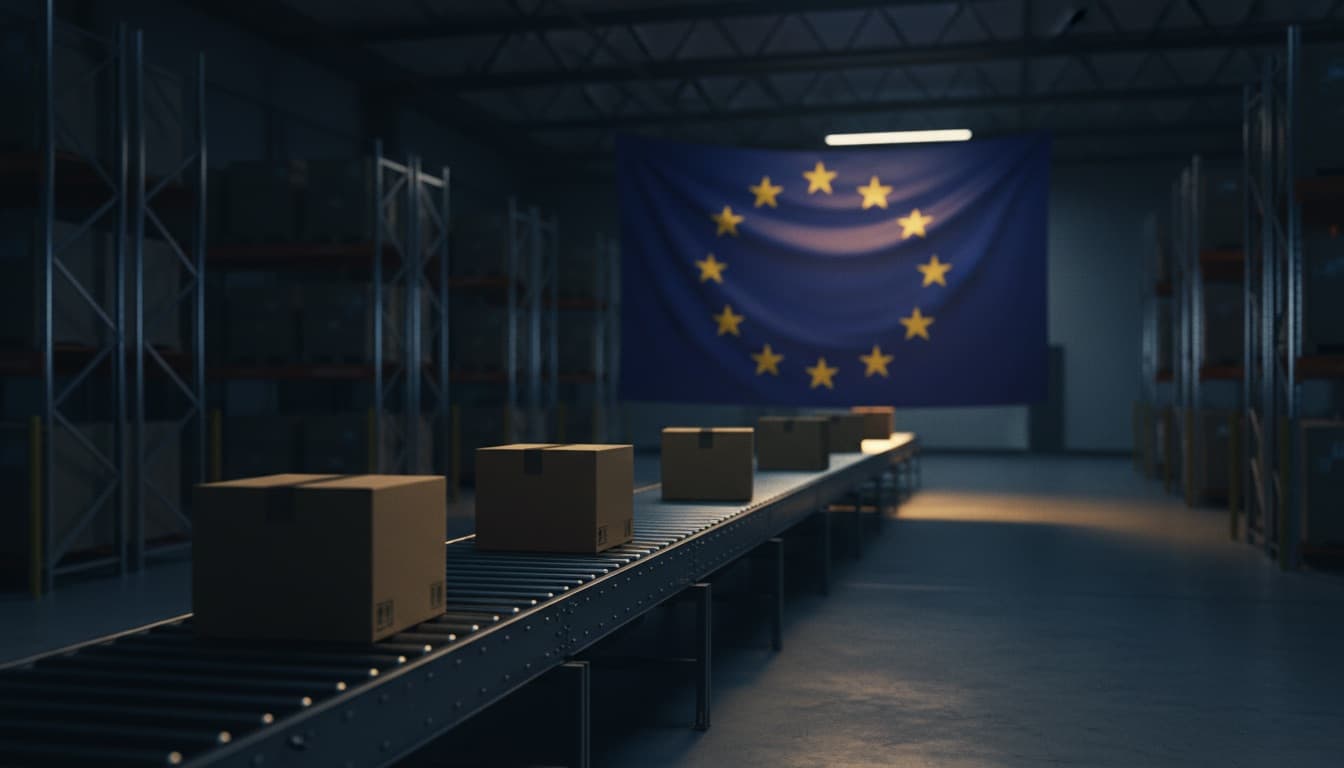 Shipping boxes on a conveyor in a dark warehouse with the EU flag in the background, representing Amazon sellers shipping to European customers