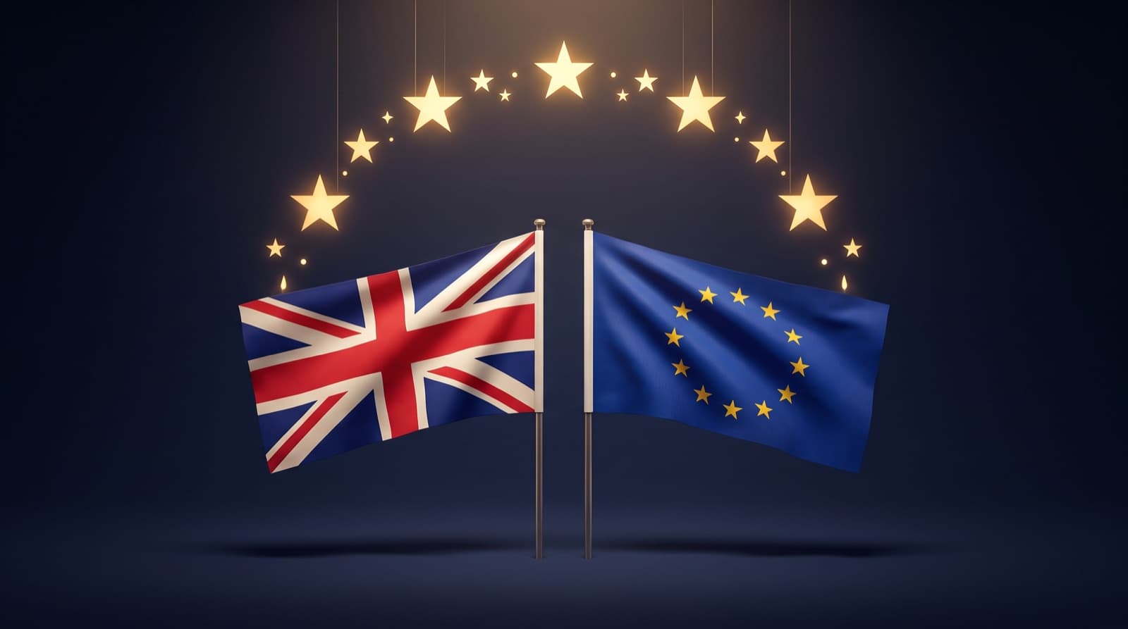 A UK flag and an EU flag side by side in deep navy beneath a ring of golden stars, representing the separate UK and EU GDPR representative duties