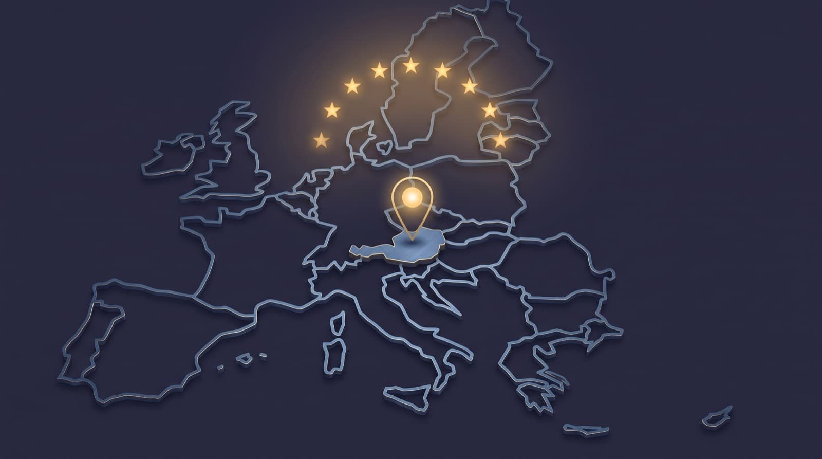 A map of the European Union in deep navy with a single golden location pin, beneath a ring of golden stars, representing where an EU representative must be based