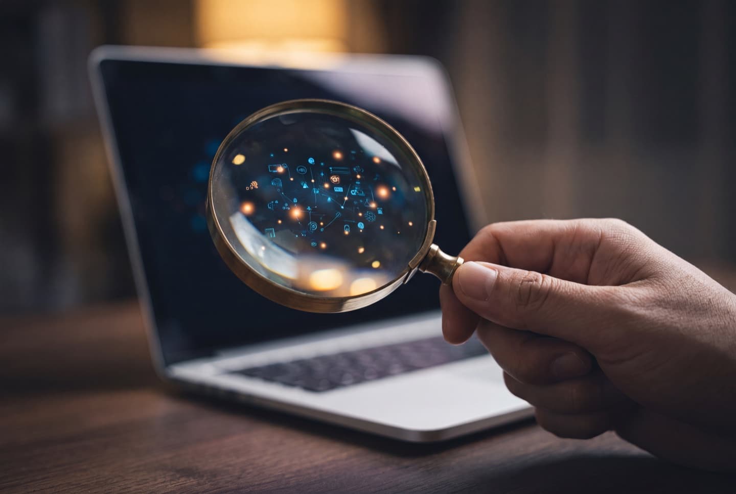 A magnifying glass held over a laptop screen showing rows of glowing data entries, representing a manual inspection of the cookies a website sets