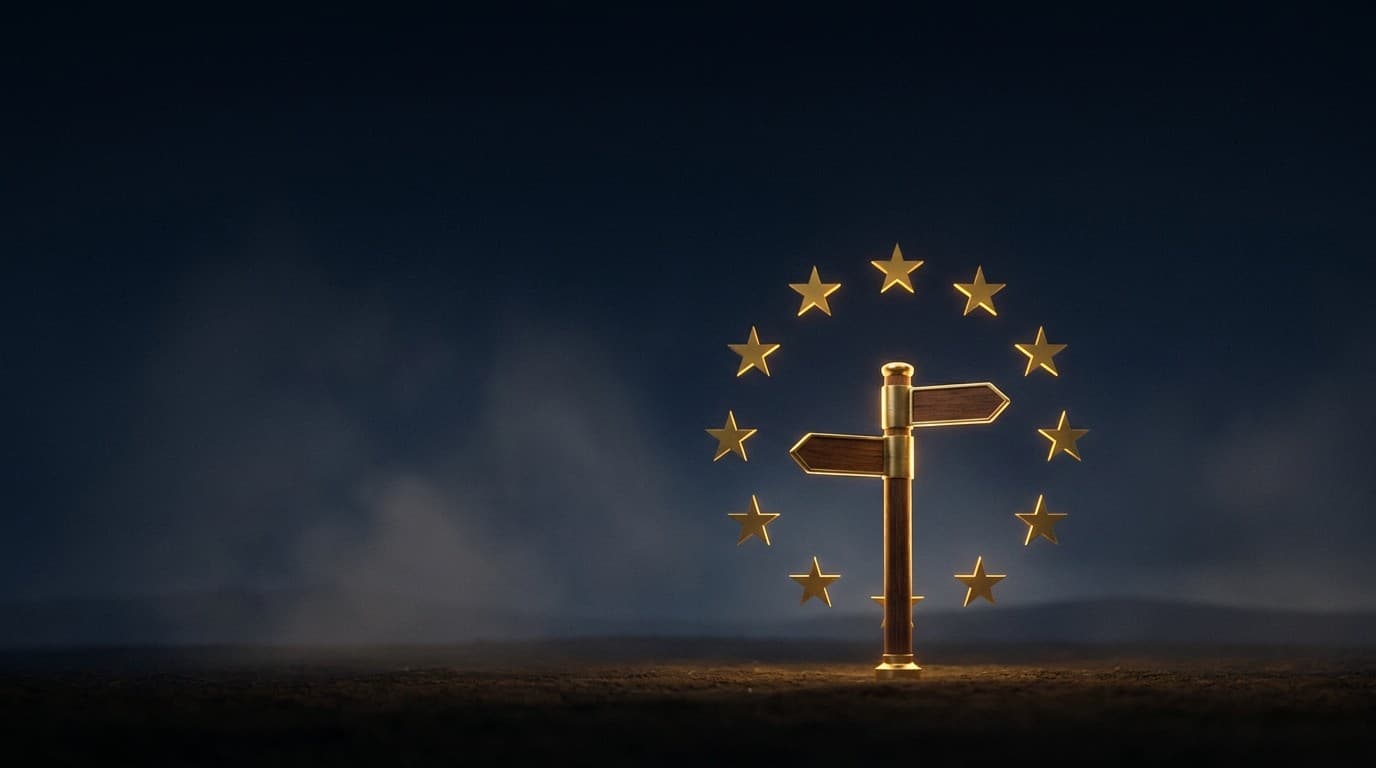 A signpost with two arrows over the EU flag, representing the decision of whether a non-EU company needs a GDPR representative