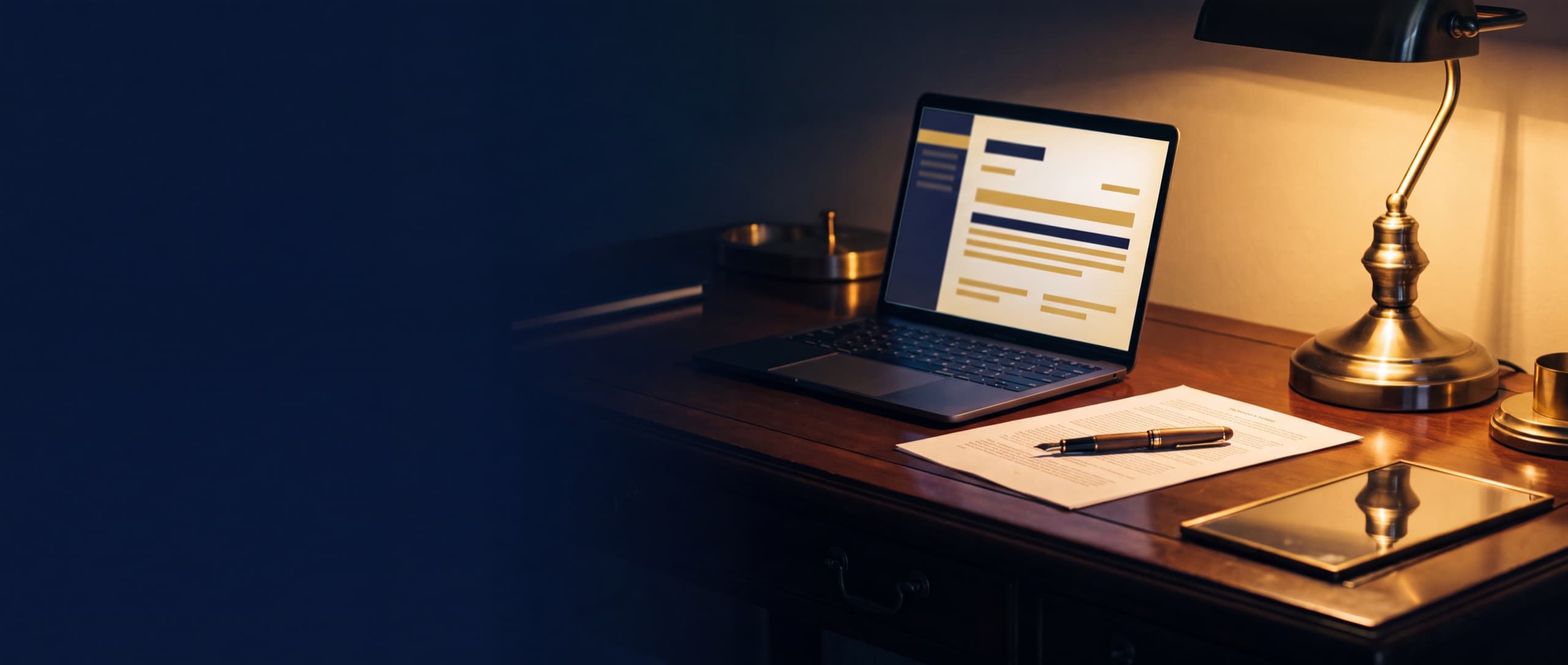 A dark desk at night with a laptop showing an abstract legal document and a printed page with a fountain pen, lit by warm golden lamplight, representing writing a website privacy policy