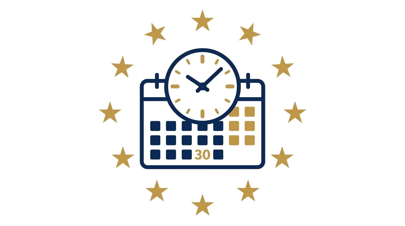 A calendar and clock merged into one, ringed by the gold stars of the EU flag, illustrating the one-month GDPR response deadline for a data-subject request