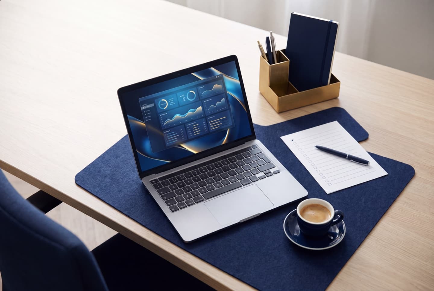 A tidy desk with a laptop, a checklist and a pen, representing the practical steps a non-EU company takes to prepare for the AI Act