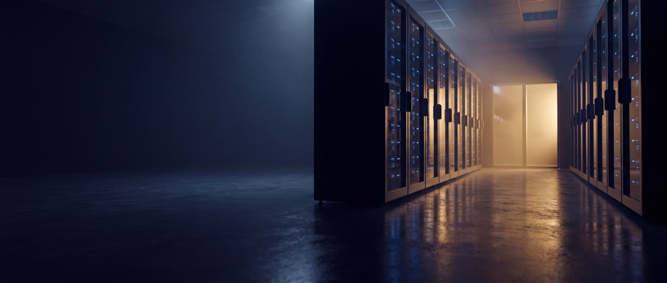 A dark data center corridor in deep navy blue, rows of server racks receding toward a warm golden light, representing the EU AI Act reaching non-EU technology companies