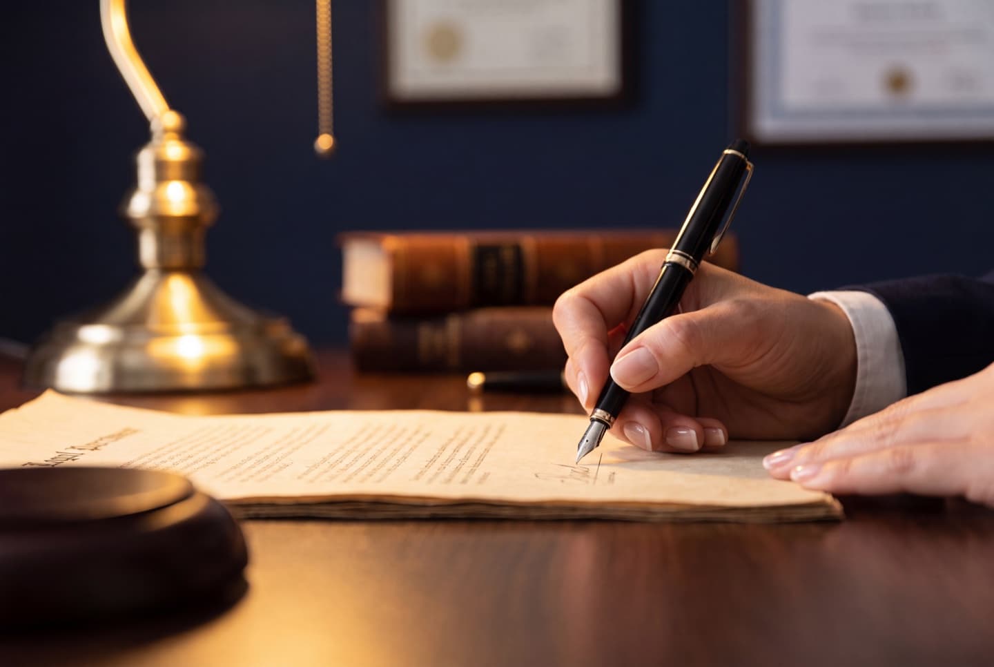 A hand signing a formal legal document with a fountain pen, representing the written mandate that appoints an EU authorised representative
