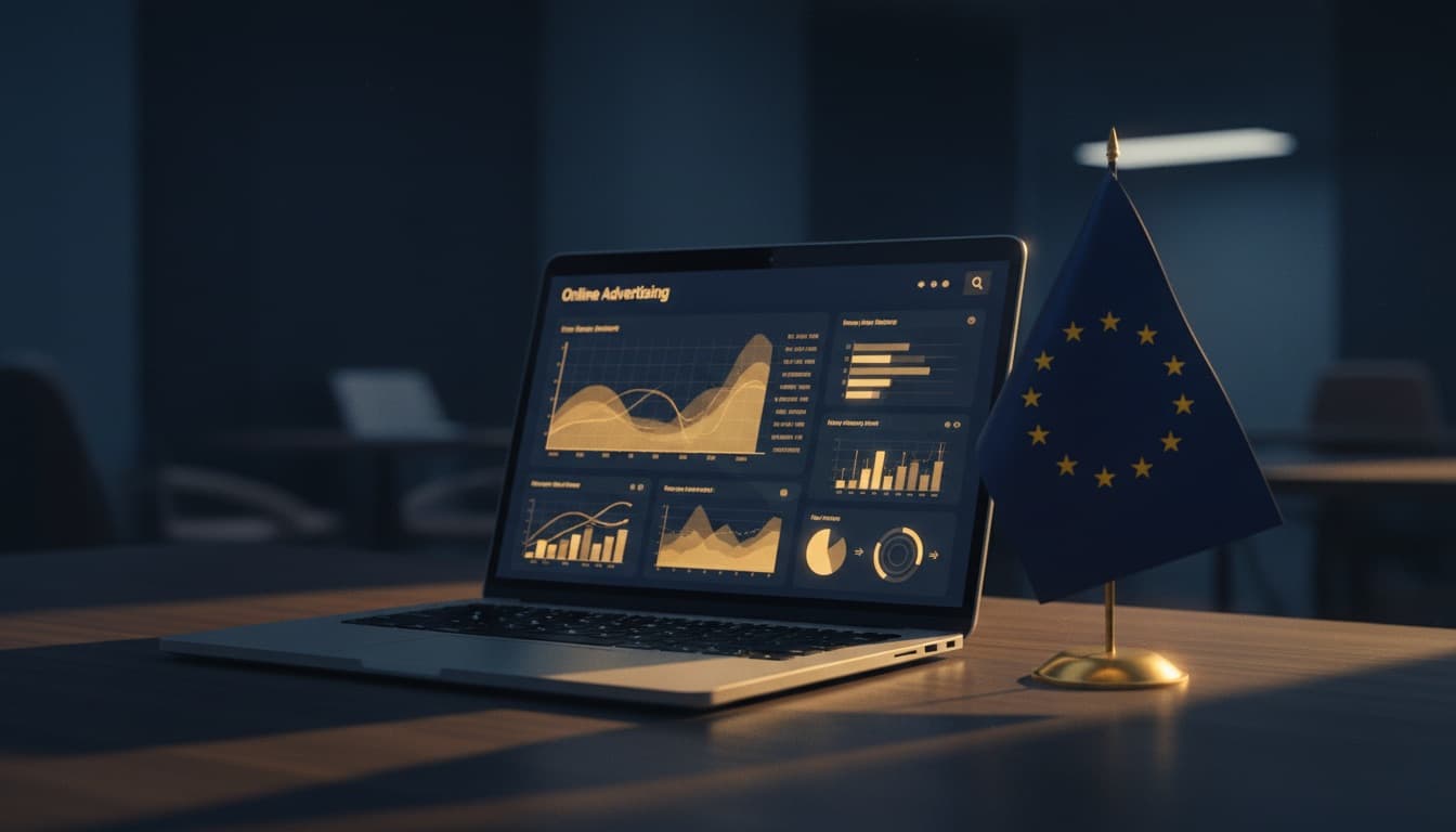 A laptop showing an advertising dashboard next to the EU flag, representing Google Ads campaigns targeting Europe