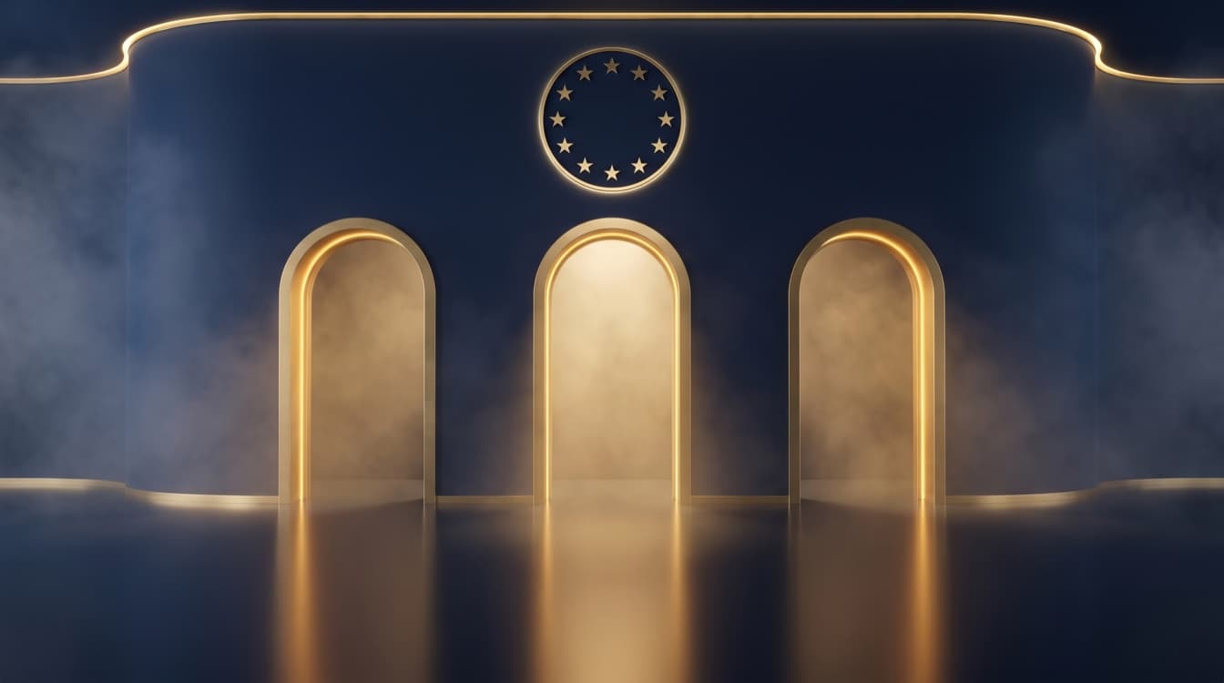 Three glowing arched doorways in deep navy beneath a ring of golden EU stars, representing the EU representative, the DPO and privacy counsel