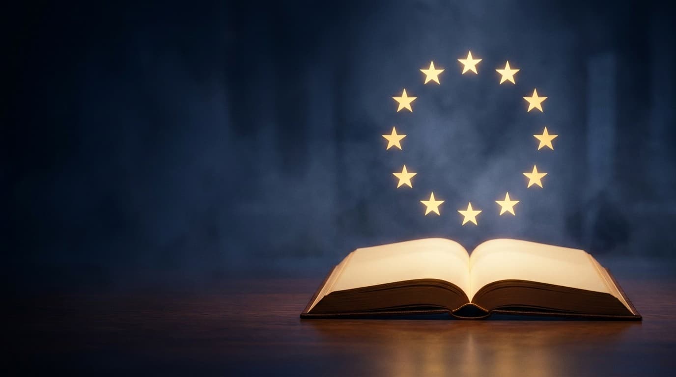 An open law book glowing beneath a ring of golden EU stars, representing Article 27 of the GDPR