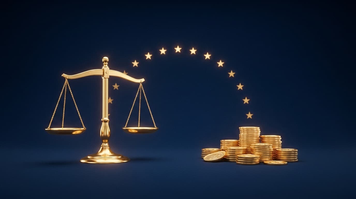 A golden balance scale beside a stack of coins in deep navy, beneath a ring of golden EU stars, representing the cost of an EU representative