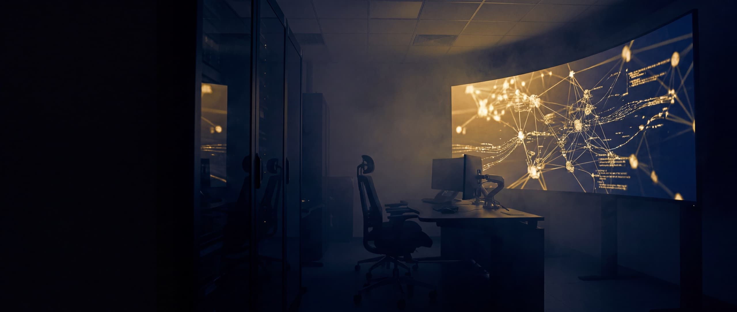 A dark monitoring room with a large screen showing a glowing network graph of connected nodes, representing the trackers a website loads in the background
